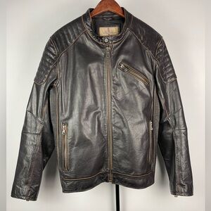 Wilson Vintage Men's Black  Brown Genuine Leather Moto Style Motorcycle Jacket